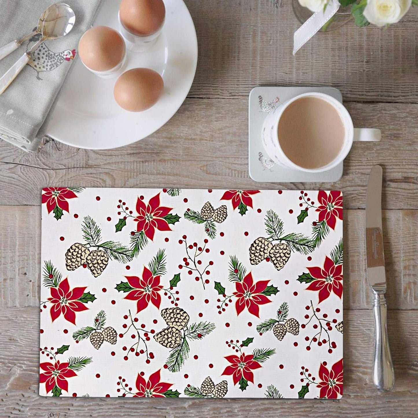 Urban Villa ChristmasPlacemats Pine Cone Print 100% Cotton Fused Placemats 14''x 20'' Over Sized Set of 6 Every Day Use Heavier QualityPlacemats