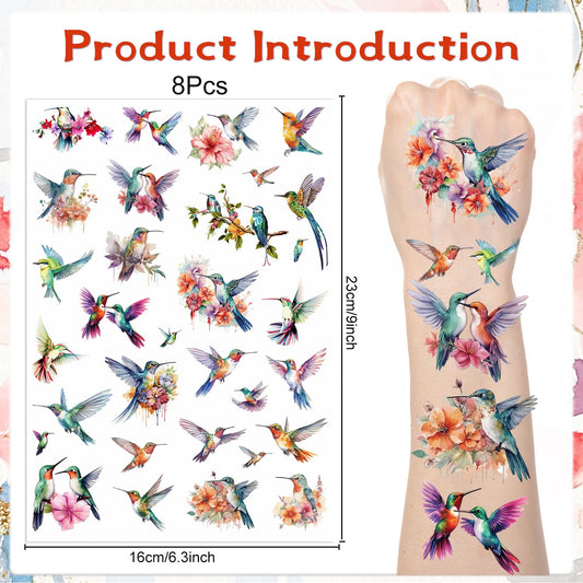 Watercolor Hummingbird Temporary Tattoos - 200+ Hummingbird Tattoos Temporary Realistic Hummer Birds Fake Tattoos Stickers for Adult Women Birds Themed Party Decorations Favors Supplies