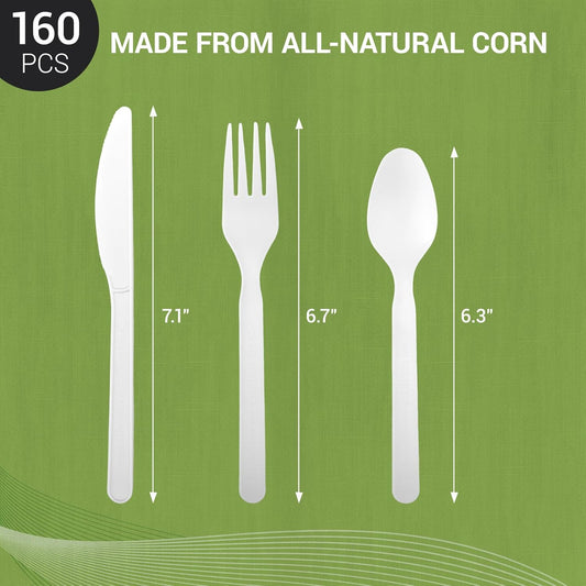 Disposable Cutlery Set - 160 Pcs BPI Certified Disposable Utensils with 60 Compostable Forks, 50 CPLA Spoons and 50 Disposable Knives, Eco-Friendly Compostable Cutlery for Thanksgiving Day & Daily