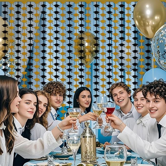 Graduation Party Decorations - 2 Packs Black and Gold Foil Fringe Streamers Curtains for College High School Graduate, Glitter Graduation Hats Backdrop Decorations(3.3x6.6 ft)