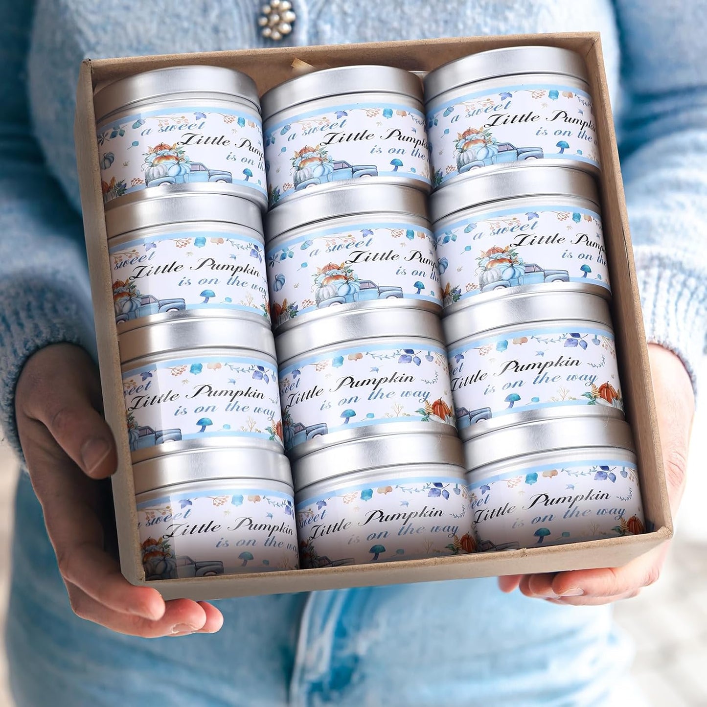 MTLEE 24 Pcs Thanksgiving Little Pumpkin Baby Shower Party Favors Candles Lavender Scented Baby Shower Favors for Guests Rustic Tealights Candles Gender Reveal Return Gifts Girl Boy(Blue, 1.2 Oz)