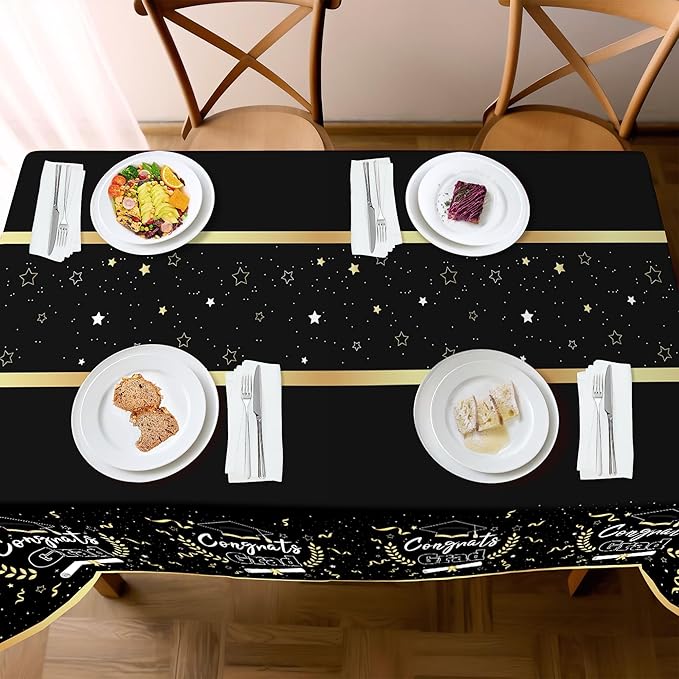 Childom 2 Pack Graduation Tablecloth,Graduation Decorations Class of 2026 Graduation Party Decorations,54"x108" Black and Gold Plastic Table Cloth Disposable Rectangle for Home,School,Party Supplies