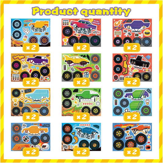 DUJAA 24 Sheets Monster Truck Stickers for Kids, Colorful, Premium Quality, Make Your Own, Monster Truck Party Favor, Teacher Reward, Birthday Gift