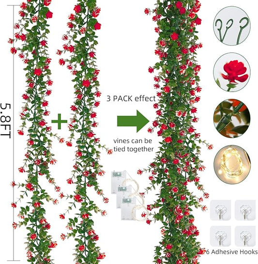 RECUTMS Artificial Leaves Garland with Flowers Fake Vines with Lights Spring Mantel Garland Fake Greenery Vines 5.8 Ft Lit Vine for Mantle for Wall Wedding Party Table Home Bedroom Decor(Red)
