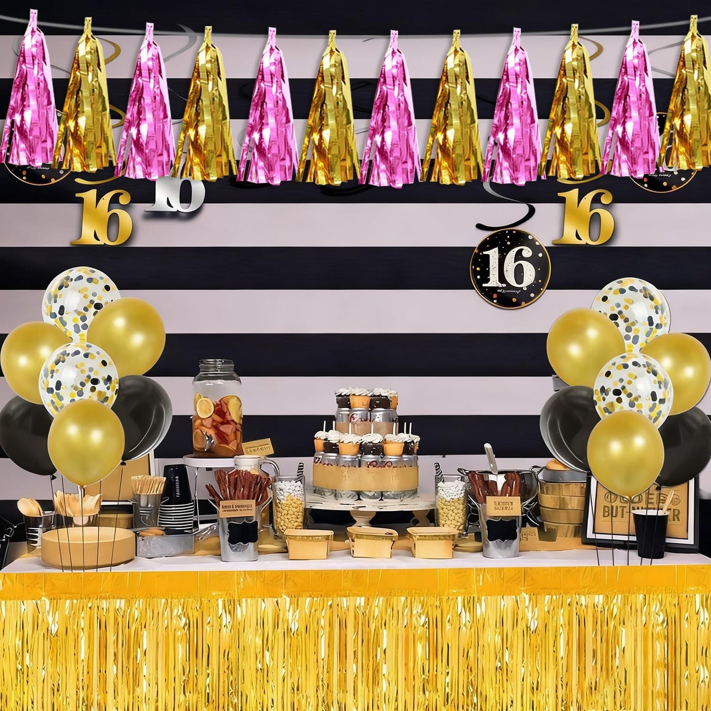 4P Gold Pink Tassel Banner Garland Metallic Foil Fringe Banner Tinsel Tassels Streamer Banner Backdrop for Parade Floats, Graduation, Wedding, Bachelorette, Birthday, Retirement Party Decorations