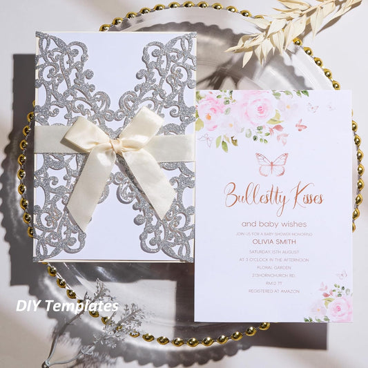 50Pcs Glitter Floral Laser Cut Wedding Invitation Cards with Envelope Blank Inner Sheet and Ribbon for Wedding Engagement Bridal Shower Party Invite(7.09 X 4.92inch, Silvery)