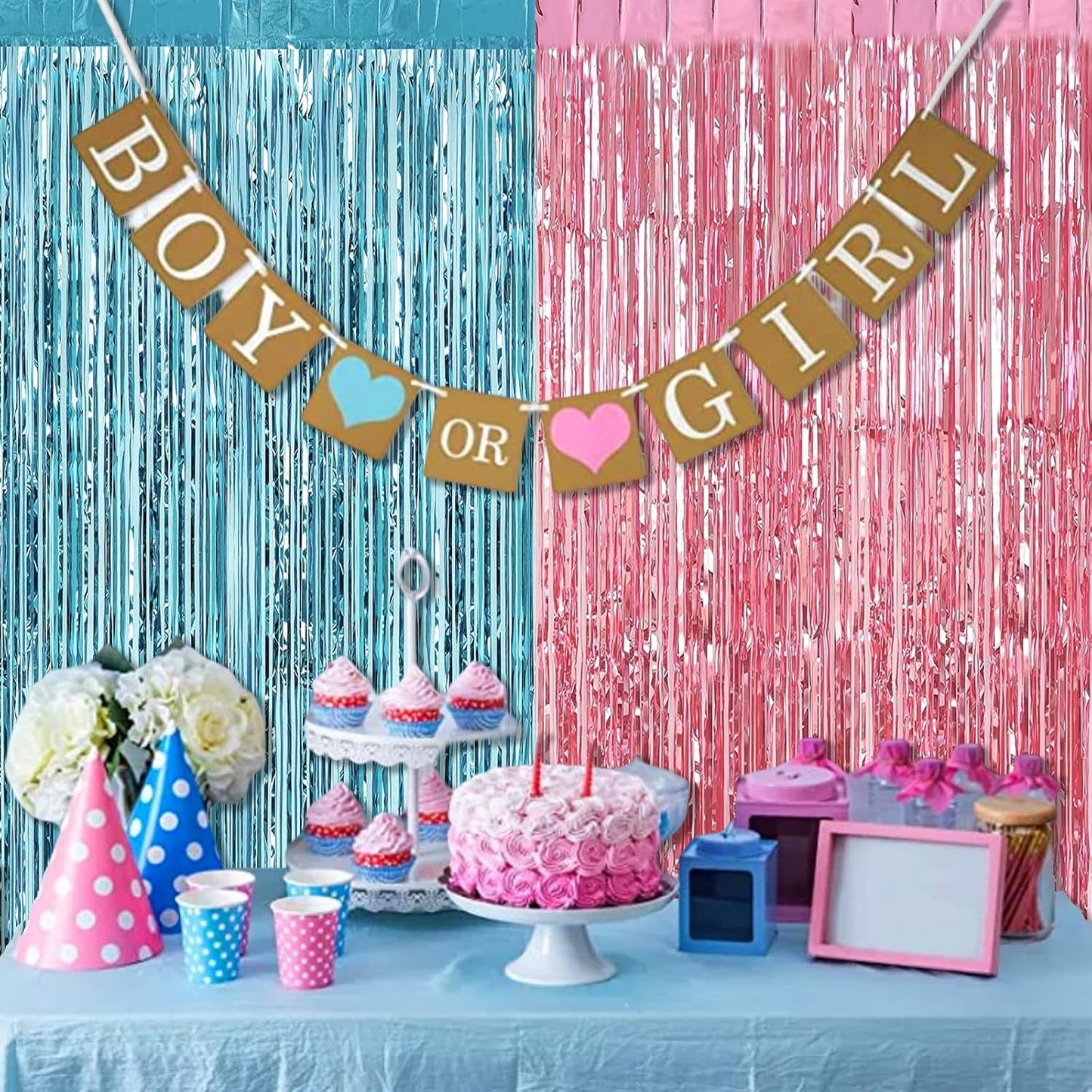 4 Pack 3.2Ft x 6.6Ft Pink Blue Fringe Curtain Backdrop, Metallic Tinsel Foil Fringe Streamers Curtains Background for Photo Booth Wedding Gender Reveal Backdrop Boy or Girl Birthday Party Decoration
