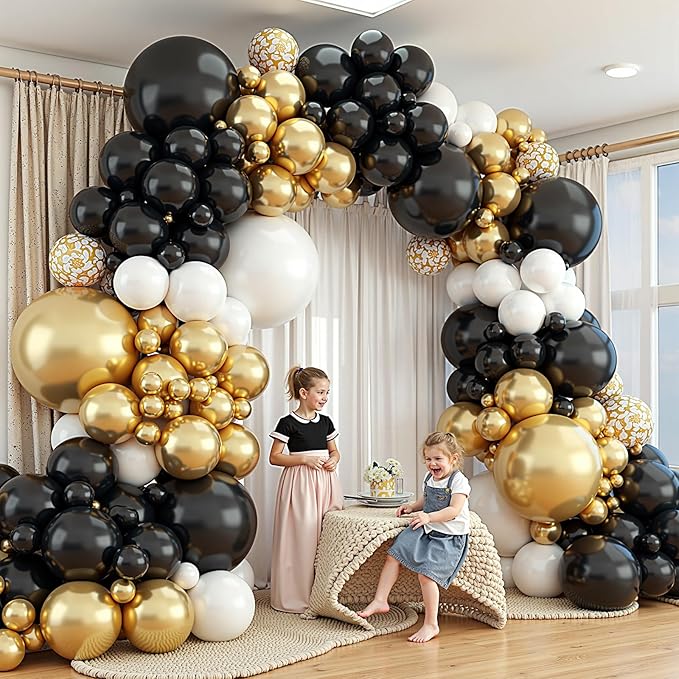 412Pcs Black and Gold Balloons,18 12 10 5 Inch Different Size Black White Metallic Gold Latex Balloons for Graduation Birthday Wedding Party Decorations