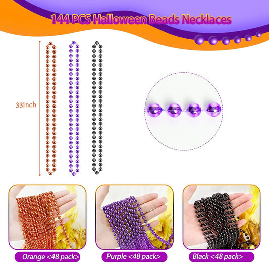 SHAOQINLIN 144PCS Halloween Bead Necklace, Purple Black Orange Bead Necklaces, 33" Metallic Beaded Party Necklaces for Halloween Parade Throws Halloween Trick or Treat Decorations