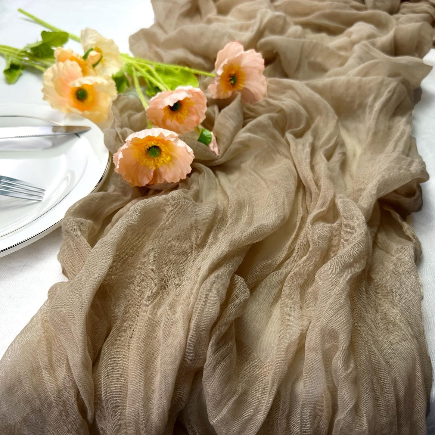 Booque Valley Nude Cheesecloth Table Runner 120 Inch 10ft Super Soft Boho Wrinkled Gauze Sheer Cloth for Baby Shower Birthday Bridal Shower Wedding Centerpiece Table Decoration, 3 Pack, Tan