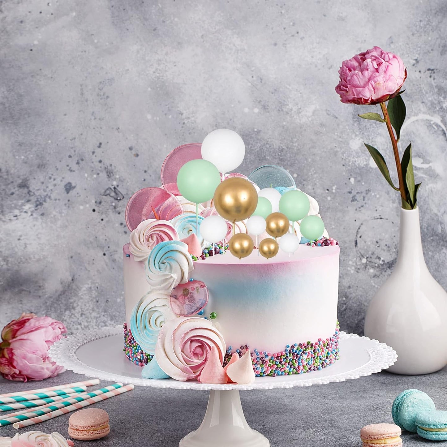 Gyufise 30Pcs Balls Cake Topper Mini Balloons Cupcake Topper DIY Cake Insert Topper Foam Cake Balls Baking Decoration for Wedding Anniversary Valentines Day Birthday Party Green Gold White