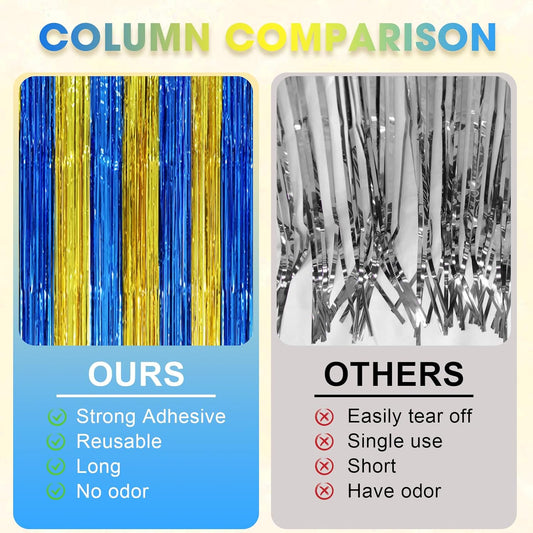 3 Pack 3.3 x 8.2 ft Blue Gold Foil Fringe Backdrop Curtains, Tinsel Streamers Party Decorations, Fringe Backdrop, Door Shimmer for Father's Day Graduation or Birthday Party