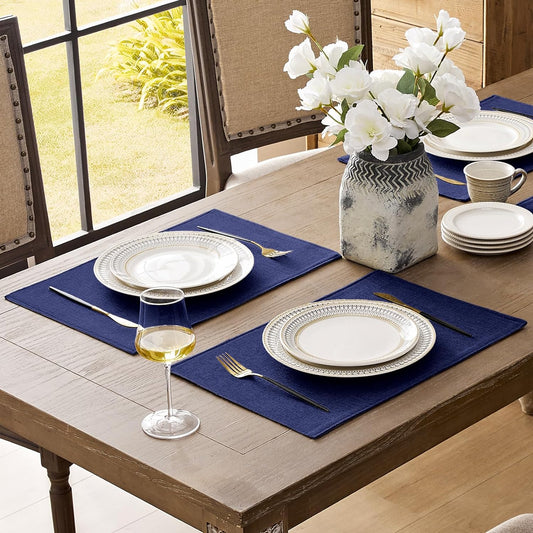 Romanstile Cloth Placemats Set of 4-12 x 18 Inch, Heat Resistant Double Layered Thickened Burlap Place Mats, Washable Faux Linen Farmhouse Table Mats for Kitchen/Dining/Party/Outdoor, Navy Blue