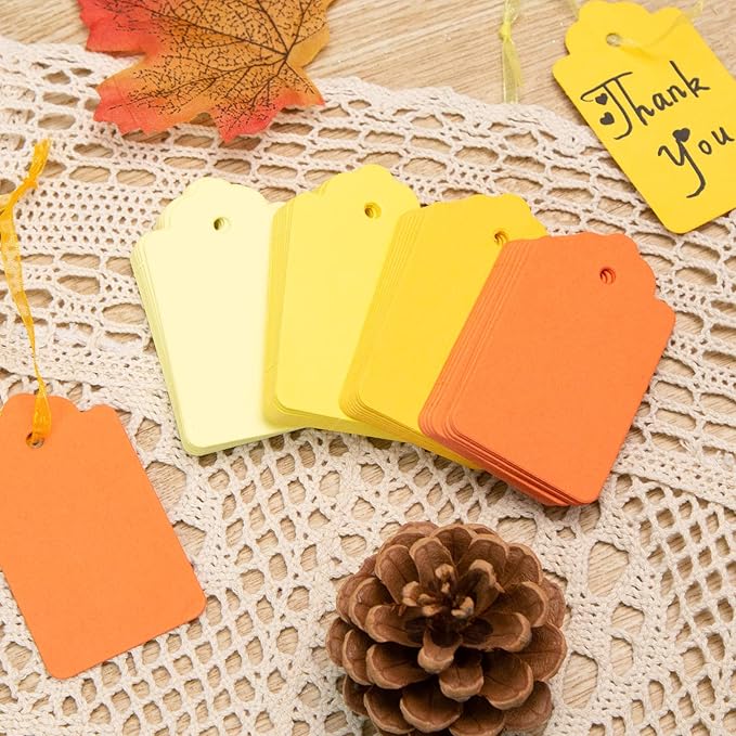 SallyFashion 100PCS Gift Tags, Yellow Paper Tags Hanging Label with Organza Ribbons for Gift Wrapping Fall Thanksgiving DIY Crafts Decoration