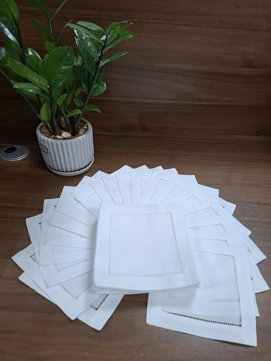White Cocktail Napkins 6x6 Set of 50 Linen Blend Cloth Coasters, Ladder Hemstitch Beverage Party Napkin Coaster Super Value Linen Napkins Bulk 50 Pack, Fabric Linen Cocktail Napkins, Fabric Coasters