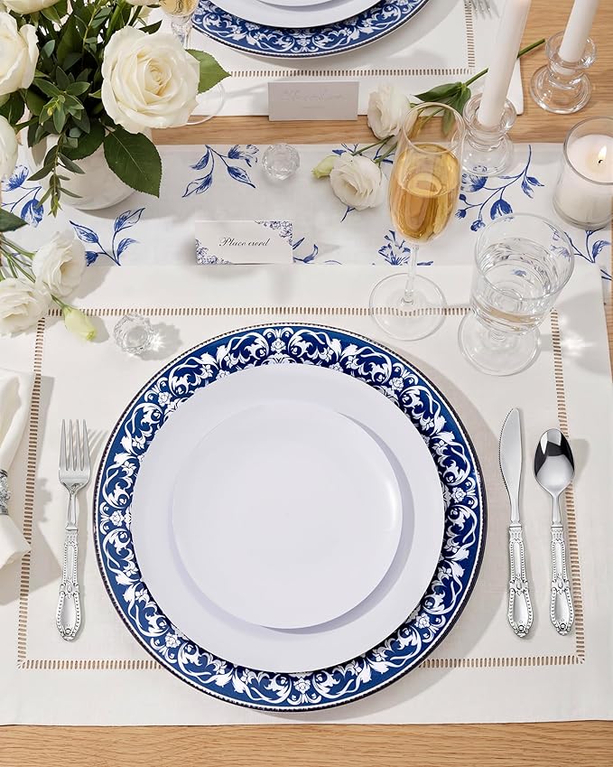 Hioasis 12Pcs Blue Charger Plates & Platters - 13 Inch plastic charger plates, Heavy-duty, BPA-free, Floral Table Chargers for Dinner Wedding & Party