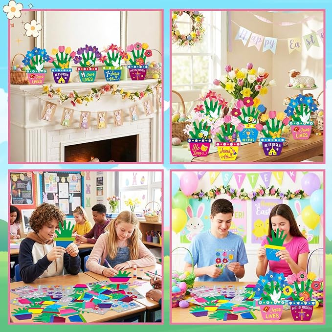 Frienda 48 Sets Easter Religious Crafts for Kids Easter He is Risen Christian Crafts DIY Hand-Print He is Risen Arts Kit for Sunday School Classroom Activities Party