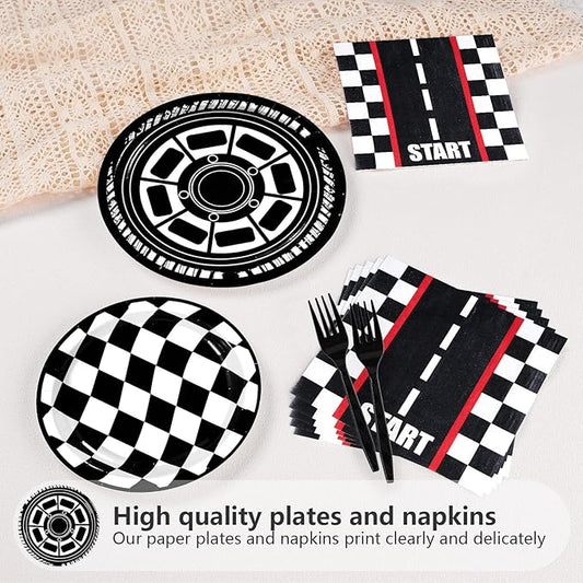 Grencian 200Pcs Race Car Birthday Party Decorations Race Car Plates and Napkins Disposable Black White Checkered Paper Tableware Set for Children Men Racing Themed Birthday Party Supplies Serve 24
