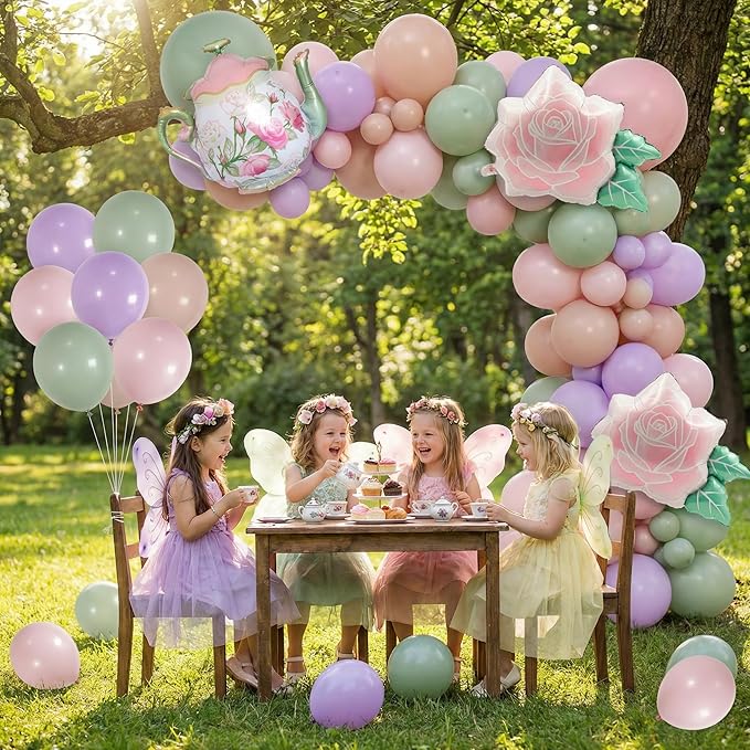 Tea Party Balloon Garland Kit 150Pcs – Pink Sage Green Pastel Purple Balloons with Teapot & Floral Foil – Garden Party Decorations, Baby Shower, Bridal Shower, High Tea, Let's Partea Decor