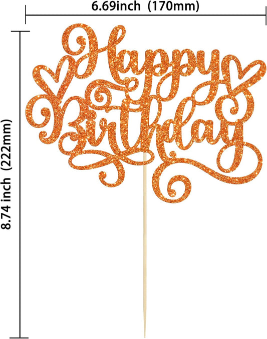 Gyufise 1Pcs Happy Birthday Cake Topper Glitter Cake Pick Bunting Decor for Anniversary Celebrating Party Cake Decorations Supplies Orange
