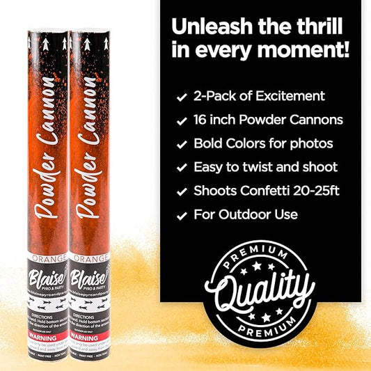 Blaise Pyro & Party - Orange Powder Poppers - Water-Soluble & Colorful Powder Cannons for Gender Reveals, Birthdays, Weddings & Celebrations - Easy to Use for Memorable Photos - 16-Inch, 2-Pack