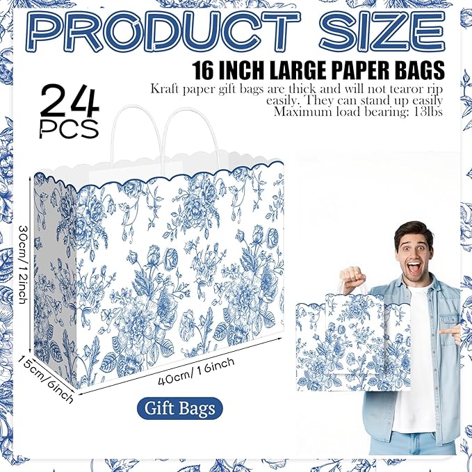Kolldenn 24 Pcs Blue Floral Party Favor Bags with Handles 16 x 6 X12inch Extra Large Scalloped Wildflower Goodie Candy Gift Treat Bags for Birthday Decoration for Bridal Baby Shower Party Supplie