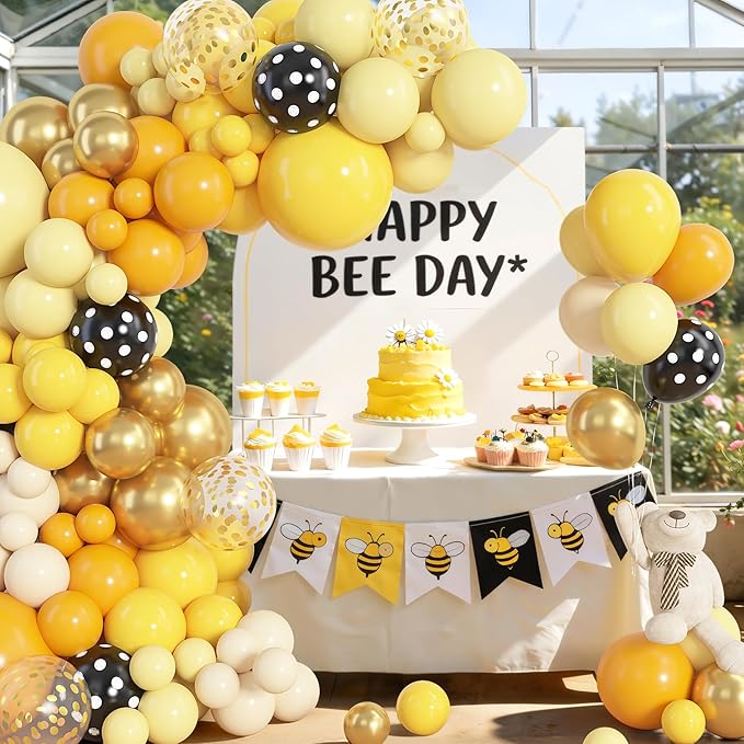 Amandir 153pcs Bee Balloon Arch Garland Kit, Different Sizes 18 12 10 5 inch Mustard Pastel Yellow Gold Confetti Balloons for What Will It Bee Gender Reveal Sunflower Honey Birthday Party Decorations