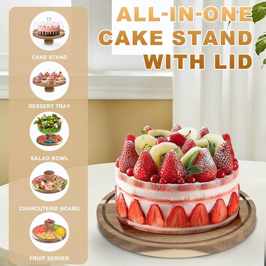 Acacia Wood Cake Stand with Lid, 12'' Round Cake Holder with Clear Acrylic Cover, 2 in 1 Dessert Table Display Set & Charcuterie Board, Kitchen Decor for Birthday or Wedding