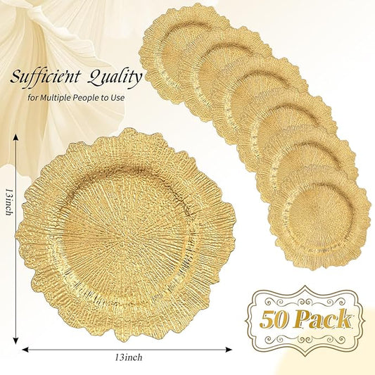 50 Pack Gold Charger Plates Bulk, 13" Plastic Reef Chargers for Dinner Plates, Round Charger Plate with Floral Reef Design for Dinner Wedding Party Table Setting Decoration