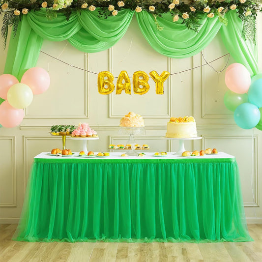 14ft Green Table Skirt Tulle Tutu Table Clothes for Birthday Boy Girl Baby Shower Gender Neutral Graduation, Hawaiian Jungle Luau Themed Party, Animal Safari Theme Party Decorations