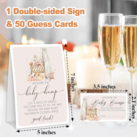 Measure the Belly Baby Shower Games, Fall Bohemia Baby Shower Decorations, Fall Pumpkin Party Supplies for Guests-1 Sign &50 Cards - 06
