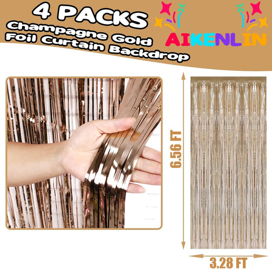 4 Pack 3.3Ft x 6.6Ft Champagne Gold Foil Fringe Curtain Backdrop, Metallic Tinsel Foil Fringe Streamers Curtains Background for Photo Booth, Birthday, Wedding, Valentine's Day Party Decoration