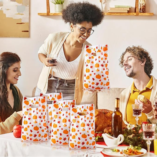 Supervitae 100 Pcs Fall Plastic Gift Bags Thanksgiving Party Favor Bags Bulk Pumpkin Maple Leaves Goodie with Handle for Autumn Party Supplies