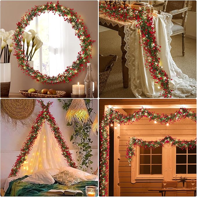 RECUTMS Artificial Leaves Garland with Flowers Fake Vines with Lights Spring Mantel Garland Fake Greenery Vines 5.8 Ft Lit Vine for Mantle for Wall Wedding Party Table Home Bedroom Decor(Red)