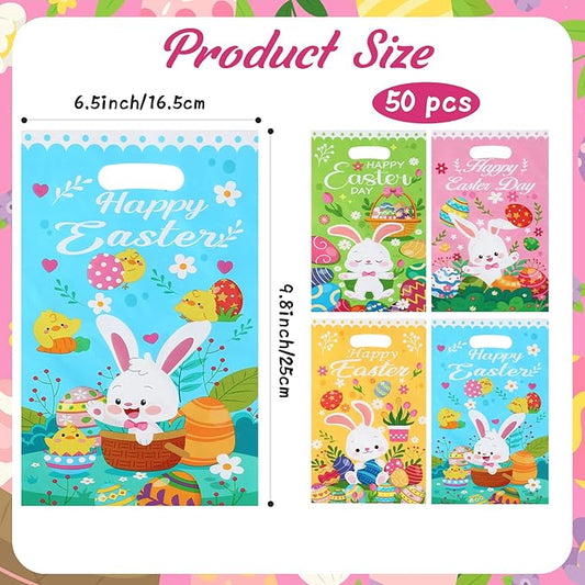 Easter Treat Bags, 50 PCS Easter Gift Bags with Handles, Plastic Happy Easter Day Cookie Goodie Candy Bag Easter Bunny Cute Spring Party Favor Bag for Easter Party Favors Supplies, 6.5x10 Inch