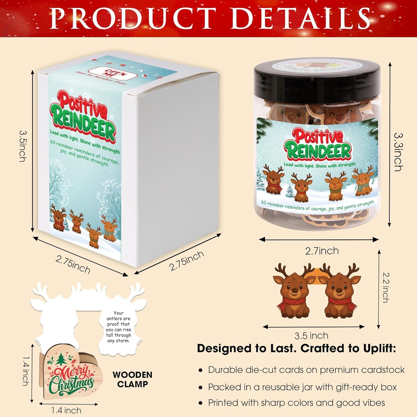 Positive Reindeer Jar, Cute Holiday Affirmation Cards, for Women & Teens, Stocking Stuffers for Teen Girls, White Elephant Gift Ideas, Inspirational Christmas Decor
