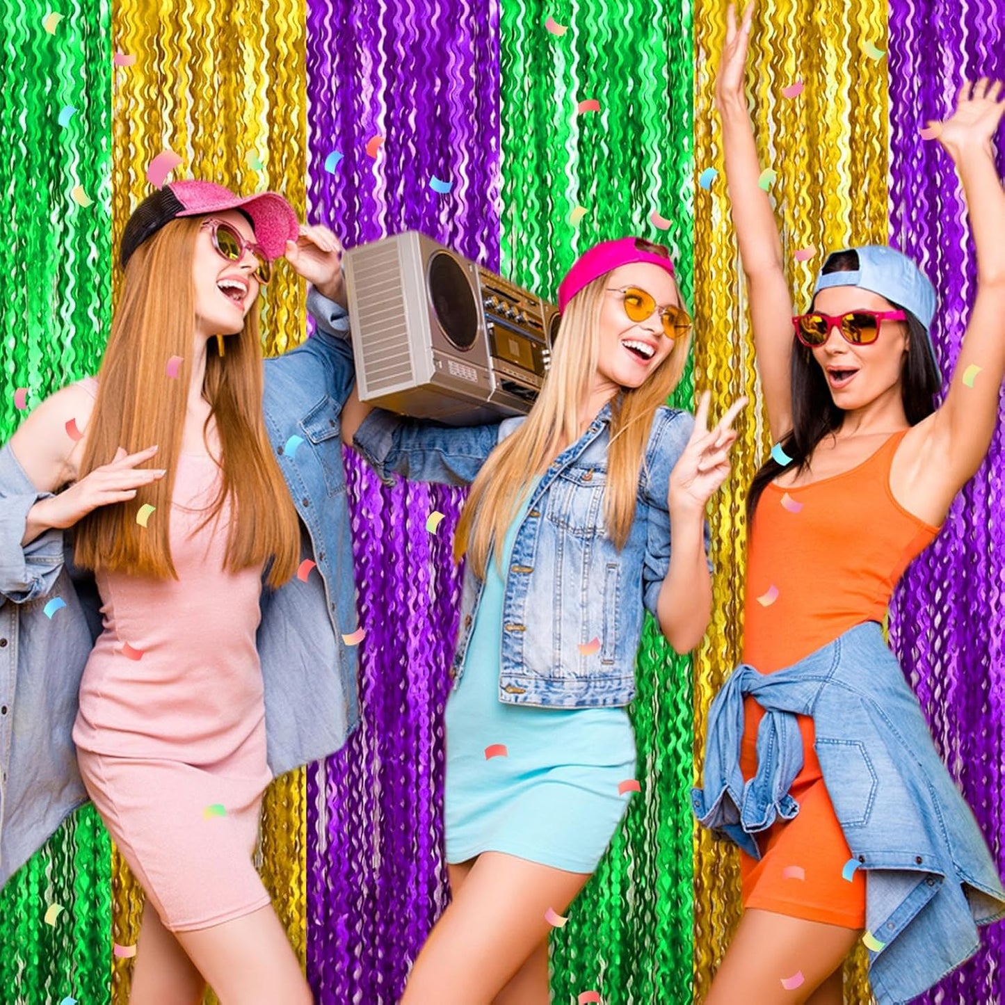4 Pack Gold Green Purple Fringe Curtain Backdrop 3.2Ft x 8.2Ft Metallic Tinsel Foil Fringe Streamers Background for Photo Booth Mother's Day, Easter, Carnival, Birthday, Wedding Party Decoration