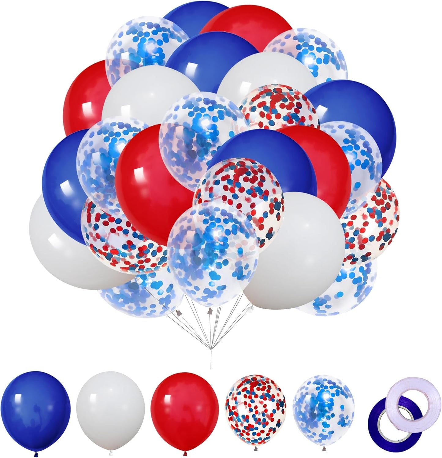 62Pcs 12Inch Bule Red White Balloons Arch Kit, White and Navy Blue Red Confetti Party Balloons with Ribbons for Birthday, Wedding, Baby Shower, Graduation Decorations