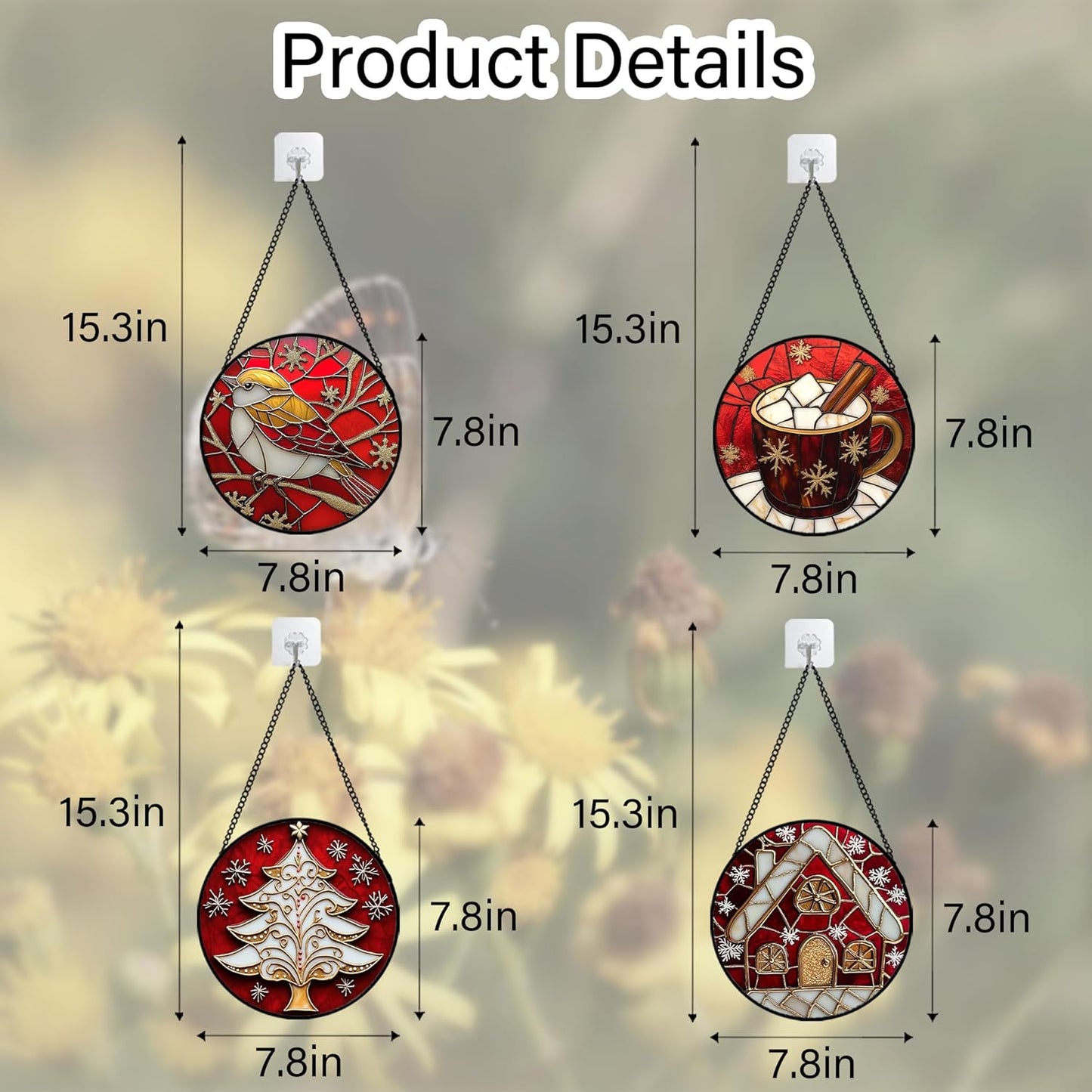 Stained Glass Window Hanging 4 Pcs Set Red Christmas Themed Decorations 7.8" - Suncatcher Door Garden Sun Catcher Decor Birthday New Year for Mom Woman Nana Men