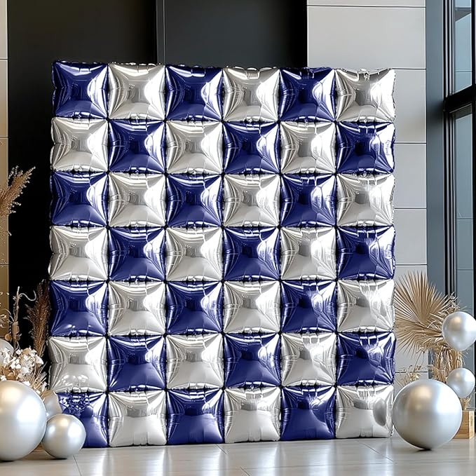 NISOCY 25PCS Blue Silver Square Foil Balloons Wall Backdrop Double Sided Navy Blue Silver Balloons Arch Kit for New Year Birthday Graduation Wedding Baby Bridal Shower Anniversary Party Decorations