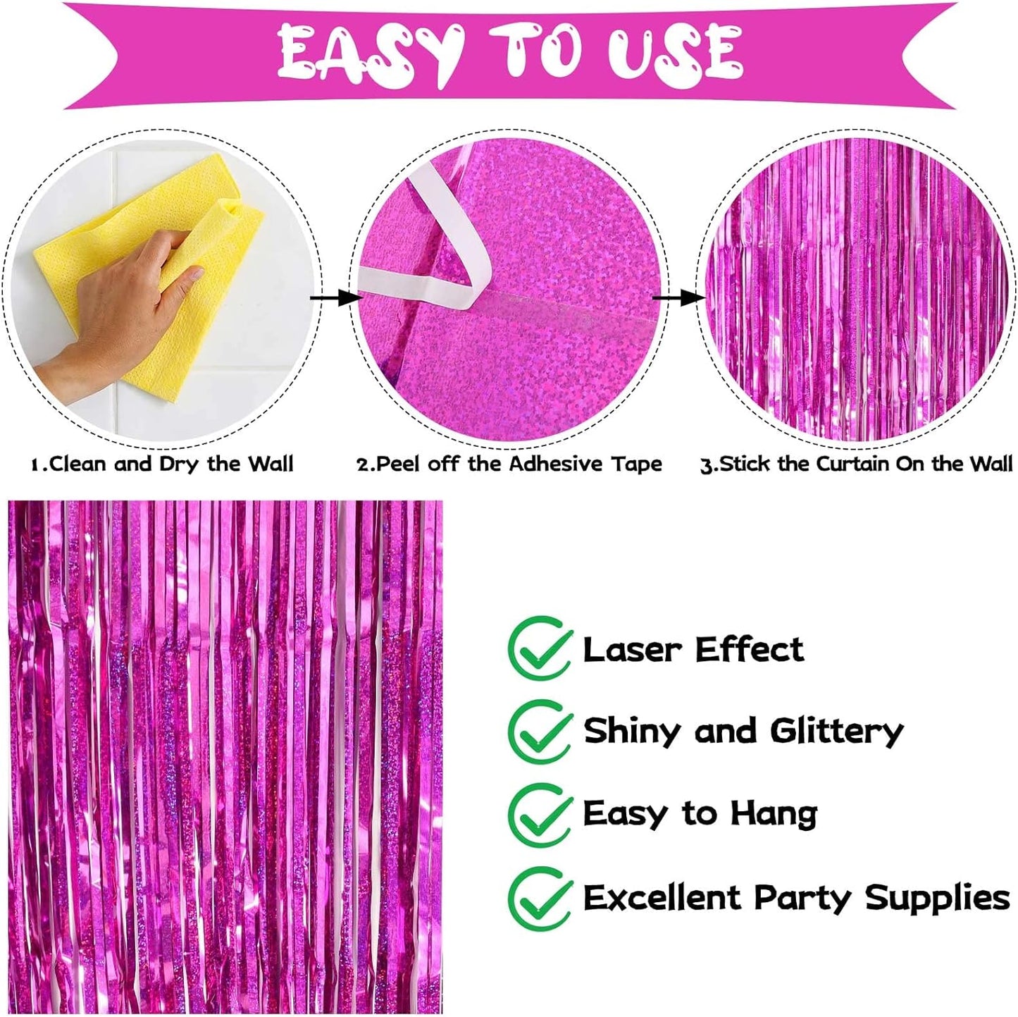 Rose Red Fringe Curtain Backdrop, 2 Pack Tinsel Foil Fringe Curtains Party Decorations Streamers, Xmas Rose Red Metallic Glitter Backdrop for Birthday Wedding Bridal Shower Photo Booth