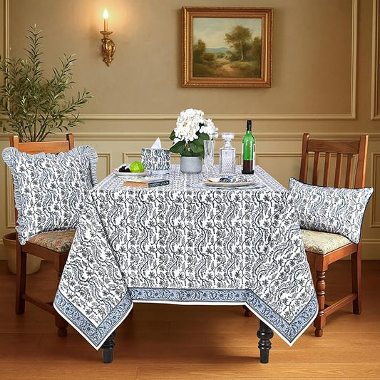 Ridhi Hand Block Print Baby Blue Eyes Rectangle Cotton Tablecloth 118" x 70" Reusable Table Cover Decorative Everyday Use for Dining, Farmhouse, Home Gift for Spring, Easter, Valentine