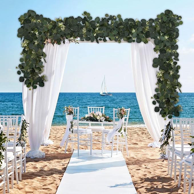 4Pcs 6FT Eucalyptus Garland, Green Garland with Flowers,Artificial Faux Greenery Vines for centerpieces Wedding Party Table Runner Room Home Mantle Decor