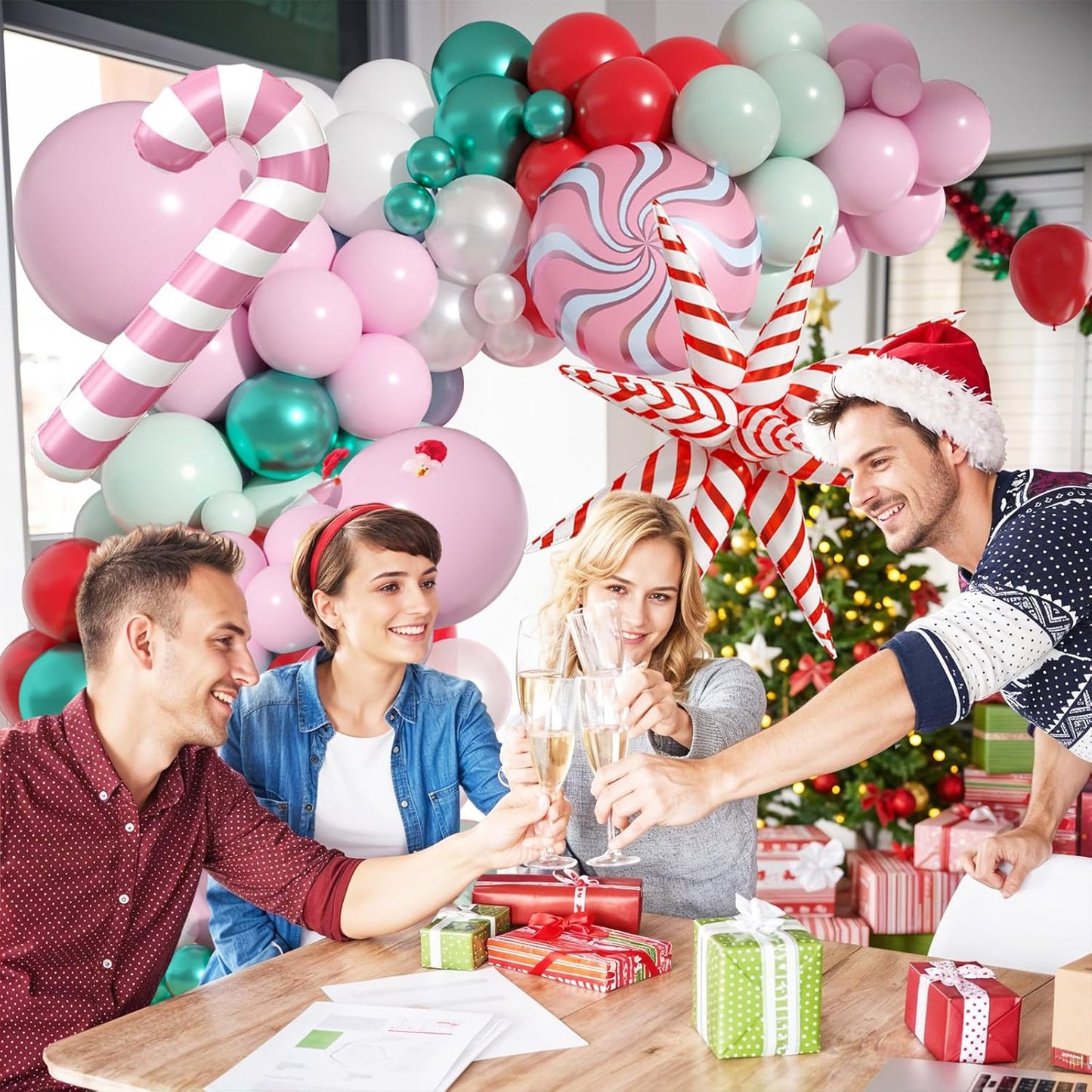 Christmas Balloon Arch, Pink Green Balloon Arch Kit, Pink White Green Red Balloons Candy Foil Star Sweet Canes Balloons For Christmas Theme Birthday Baby Shower Party Wedding Holiday Celebrations
