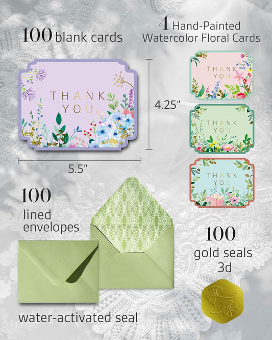 Floral Thank You Cards Bulk with Envelopes, 100-Pack, 4 Hand-Painted Designs, Die-Cut Edges for Baby/Bridal Shower Thank You Notes, Wedding, Birthday Party, Thanksgiving, Sage Green Lace-Lined Env. (4.25"x5.5")