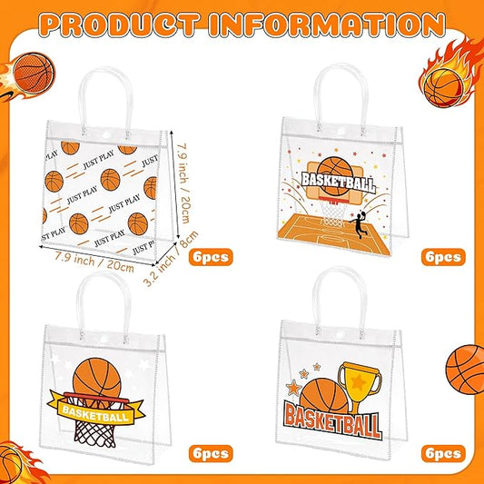 H1vojoxo Basketball Party Gift Bags - 24PCS Basketball Clear PVC Gift Bags with Handle Reusable Sports Goodie Bag for Boys Birthday Party Basketballs Tote Candy Bag Large Treat Ball Themed Party Favor