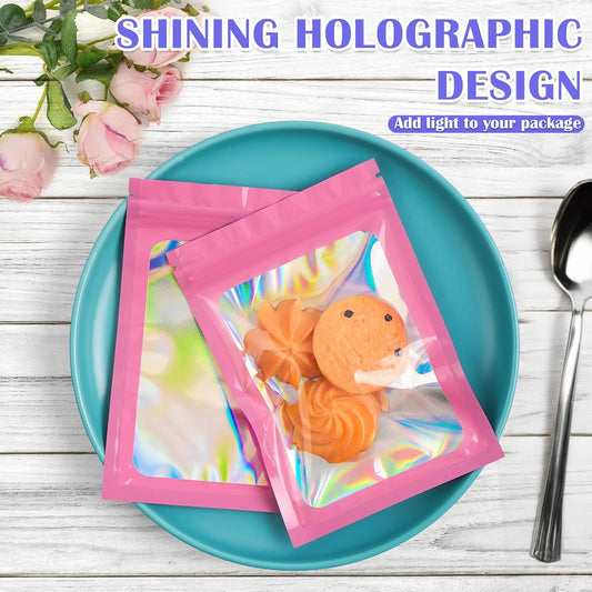 100 PCS Pink Holographic Mylar Bags – Resealable Smell-Proof Foil Pouches for Small Business, Jewelry & Gifts (2.4x3.9")