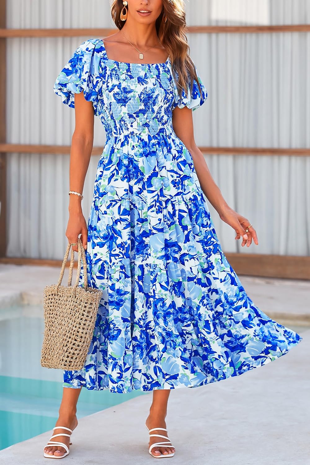 PRETTYGARDEN Women's Casual Summer Midi Dress Puffy Short Sleeve Square Neck Smocked Tiered Ruffle Dresses