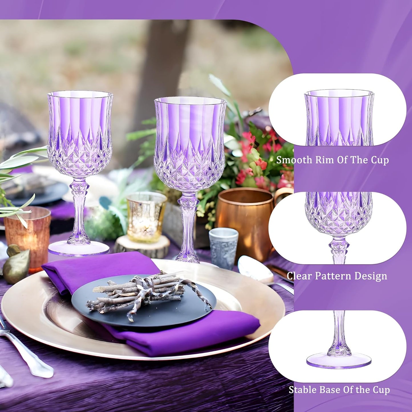 12PCS 7OZ Purple Wine Plastic Glasses, Drinking Champagne Glasses Flutes Crystal Vintage Water Unbreakable Goblets for Wedding, Parties