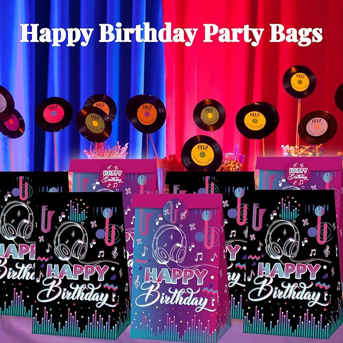Happy Birthday Party Favors Gift Bags Candy Goodie Bag Black-Purple Decorations Treat Bag 2 Styles Popular Singer Music Paper Rack N Roll Wedding Bridal Baby Shower Decor(12 Pcs)